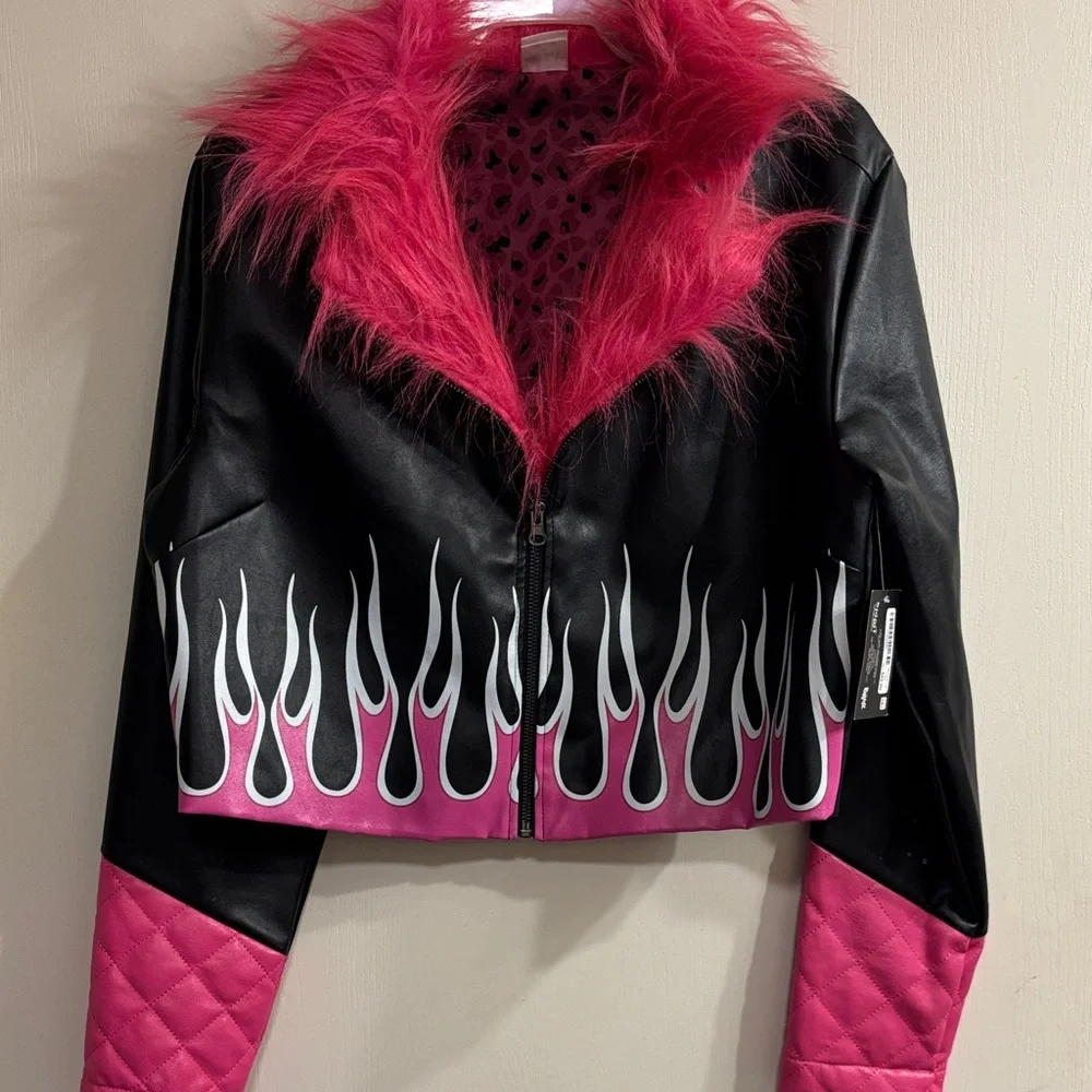 Spirit Black and Pink Flame Leather Jacket - Picture 1 of 5
